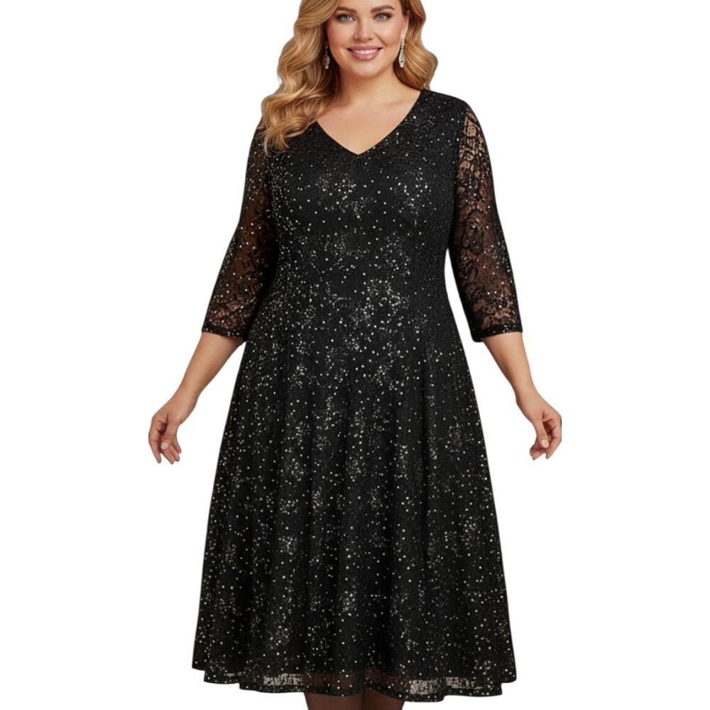 SLNY Women's Black Sequined A-Line Lace Dress Plus Size-20W